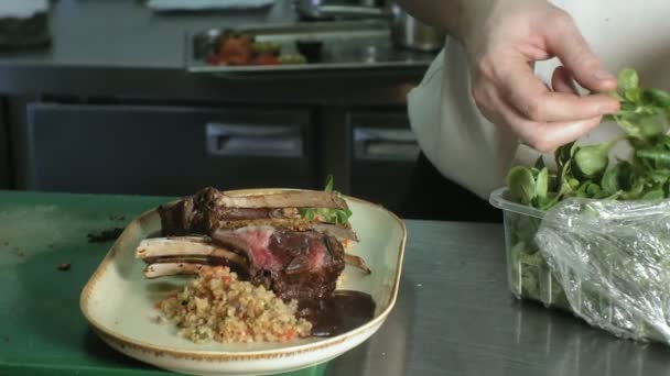 Шеф-повар украшает вкусное блюдо, ресторан бизнес-концепция — стоковое видео