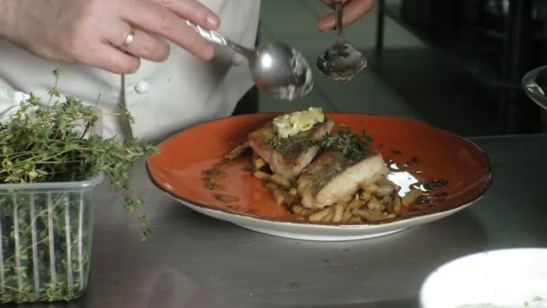 Chef decora sabroso plato, concepto de negocio de restaurante — Vídeo de stock