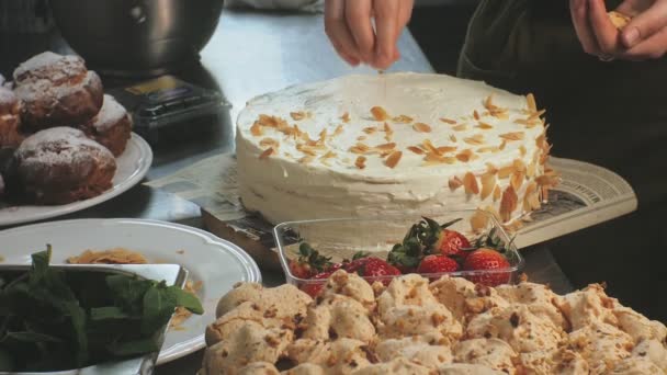 Il concetto di cucina. Pasticcere professionista fa una deliziosa torta, primo piano — Video Stock