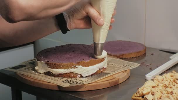 Le concept de cuisine. Chef pâtissier professionnel fait un délicieux gâteau, gros plan — Video