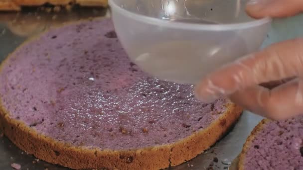 Концепция приготовления пищи. Профессиональный кондитер испечет вкусный торт, крупным планом — стоковое видео