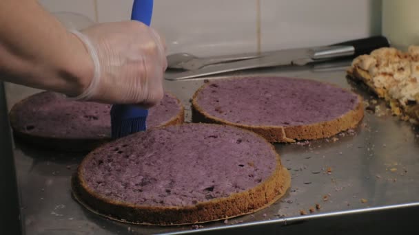 Il concetto di cucina. Pasticcere professionista fa una deliziosa torta, primo piano — Video Stock