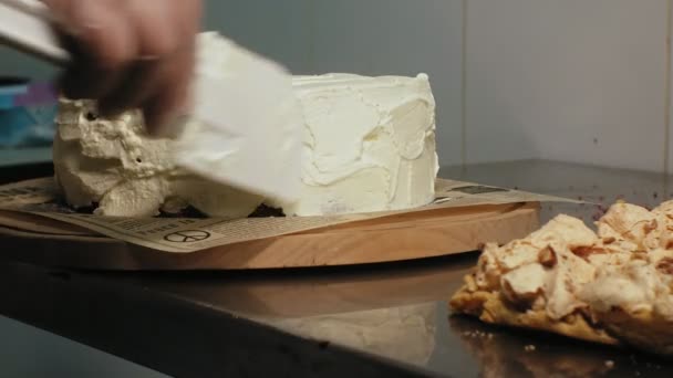 The concept of cooking. Professional pastry chef makes a delicious cake, closeup — Stock Video