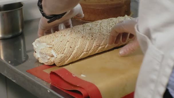 El concepto de cocinar. Chef pastelero profesional hace un delicioso pastel, primer plano — Vídeo de stock