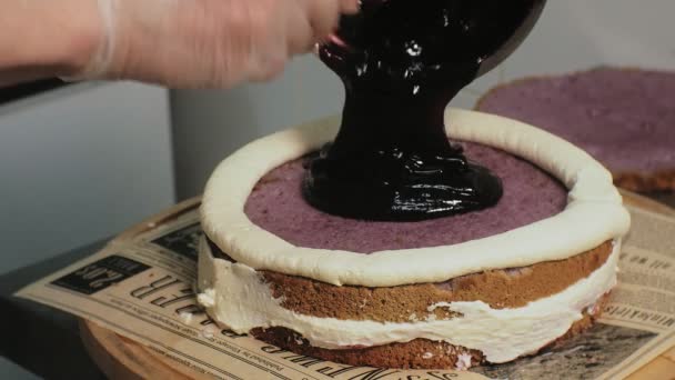 Het concept van het koken. Professionele banketbakker maakt een heerlijke taart, close-up — Stockvideo