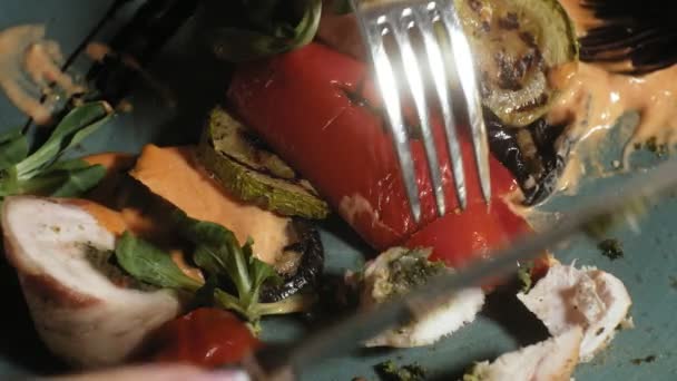 Gros plan : poulet cuit au lard avec des légumes, sauce et salade verte sur une assiette bleue — Video