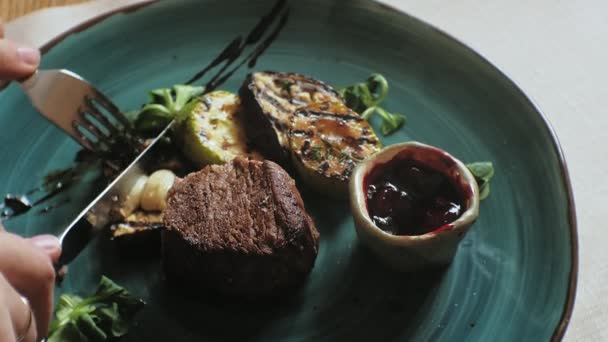 Riprese ravvicinate: carne al forno e verdure grigliate con salsa rossa su un piatto blu — Video Stock