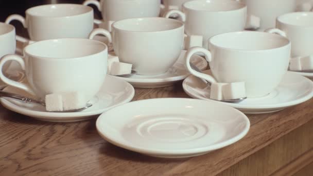 Many empty white clean tea cups — Stock Video