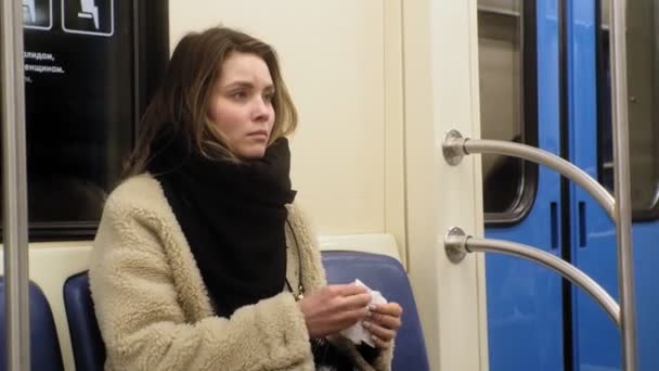 A mulher no trem usa o telefone — Vídeo de Stock