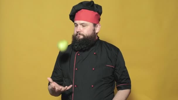 Μαγειρέψτε με μαύρο κοστούμι σε κίτρινο φόντο — Αρχείο Βίντεο