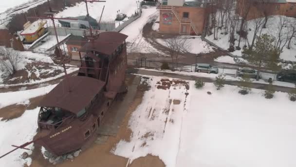 Old ship on shore, aerial shoot — Stock Video