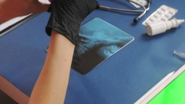 Doktorlar masası, mavi arka plan üzerinde üst görünüm, tıp kavramı — Stok video