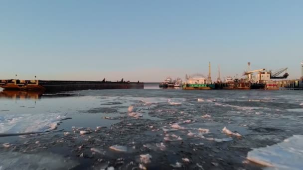 Flight over the river port, aerial shooting — Stock Video