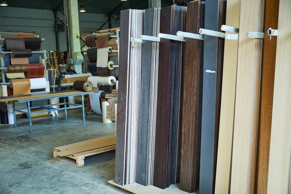 Warehouse with veneer rolls, production of interior doors — Stock Photo, Image