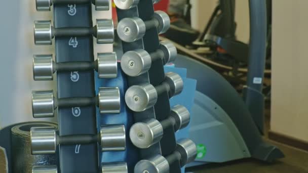 Stand with dumbbells in the gym — Stock Video