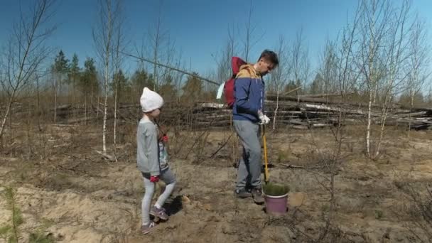 Plantando plantaciones de árboles. Restauración forestal, protección de la ecología . — Vídeos de Stock