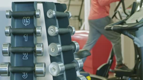 Soporte con mancuernas en el gimnasio — Vídeos de Stock