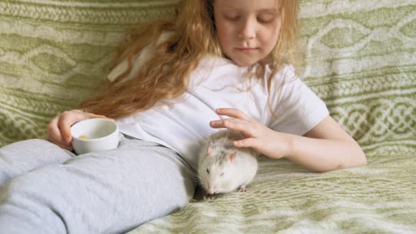 Baby meisje spelen met een rat — Stockvideo