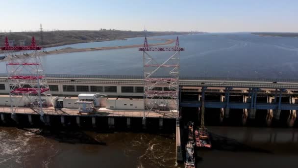 Hydro power plant on the river, copter shoot — Stock Video