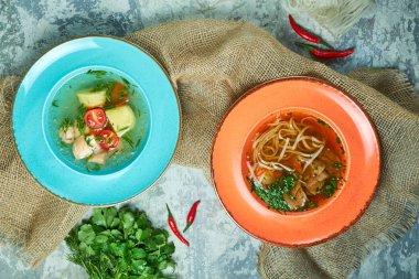 Farklı çorbalar ile çok renkli tabaklar. Gri ışık dokulu arka plan. Güzel servis yemekleri. Restoran menüsü