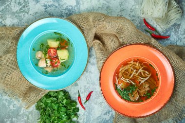 Farklı çorbalar ile çok renkli tabaklar. Gri ışık dokulu arka plan. Güzel servis yemekleri. Restoran menüsü