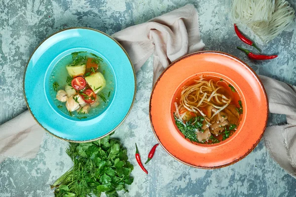 Farklı çorbalar ile çok renkli tabaklar. Gri ışık dokulu arka plan. Güzel servis yemekleri. Restoran menüsü