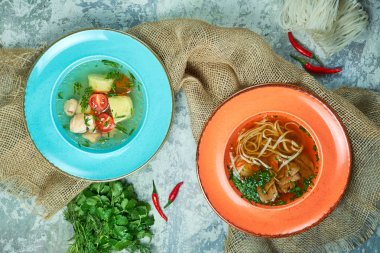 Farklı çorbalar ile çok renkli tabaklar. Gri ışık dokulu arka plan. Güzel servis yemekleri. Restoran menüsü
