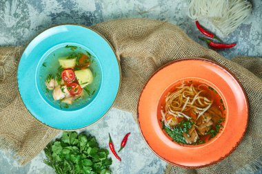 Farklı çorbalar ile çok renkli tabaklar. Gri ışık dokulu arka plan. Güzel servis yemekleri. Restoran menüsü