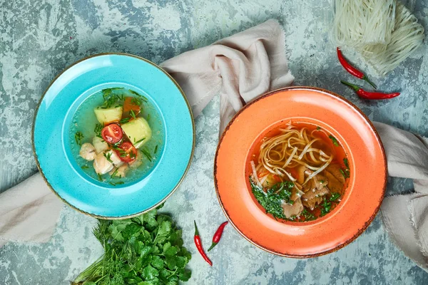 Farklı çorbalar ile çok renkli tabaklar. Gri ışık dokulu arka plan. Güzel servis yemekleri. Restoran menüsü