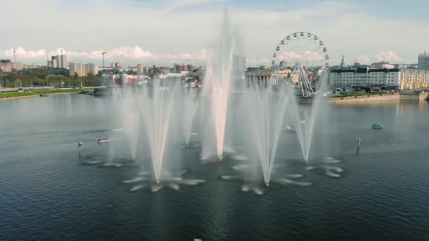 High fountains at sunset. Air shooting from the drone — Stock Video