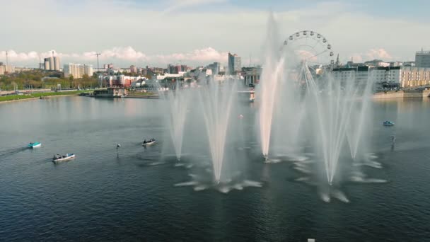 High fountains at sunset. Air shooting from the drone — Stock Video