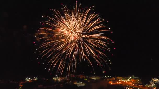 Fireworks over the city. Air shooting from the drone — Stock Video