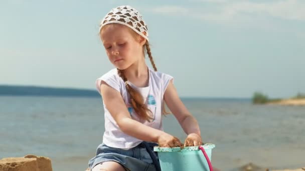 Enfants jouant sur la plage au bord de la rivière par une journée ensoleillée — Video