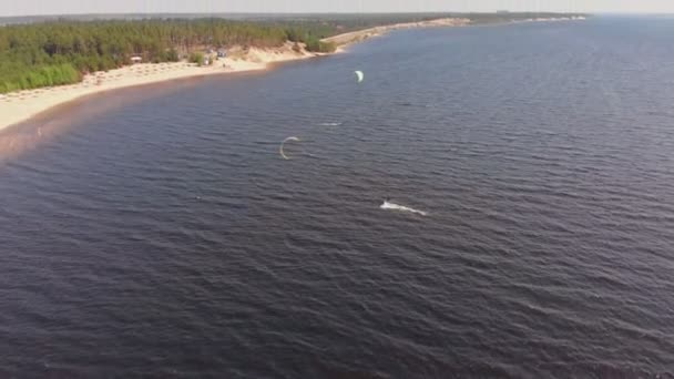 Orang-orang di sungai di musim panas terlibat dalam kitesurfing. Olahraga ekstrim. — Stok Video