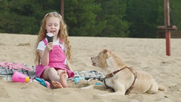 Menina come sorvete e alimenta o cão ao ar livre . — Vídeo de Stock