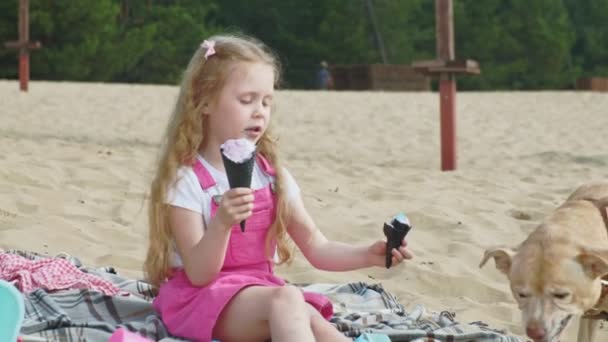 Chica come helado y alimenta al perro al aire libre . — Vídeos de Stock