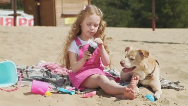 Ragazza mangia gelato e nutre il cane all'aperto . — Video Stock