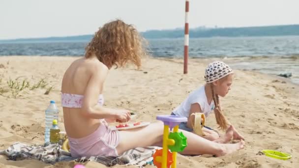 Madre con su hija en un picnic junto al río en un día soleado — Vídeos de Stock