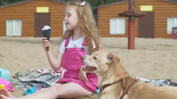Дівчина їсть морозиво і годує собаку на відкритому повітрі . — стокове відео