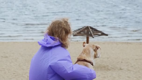 Fiatal nő egy kutya a strandon a folyó mellett — Stock videók