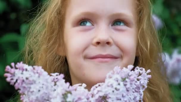 Una niña pequeña al aire libre en un parque o jardín sostiene flores lila. Arbustos lila en el fondo. Verano, parque — Vídeo de stock