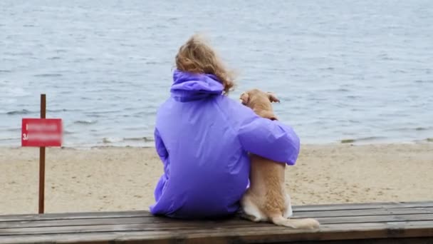 Nehrin kıyısındaki sahilde köpeği olan genç bir kadın. — Stok video