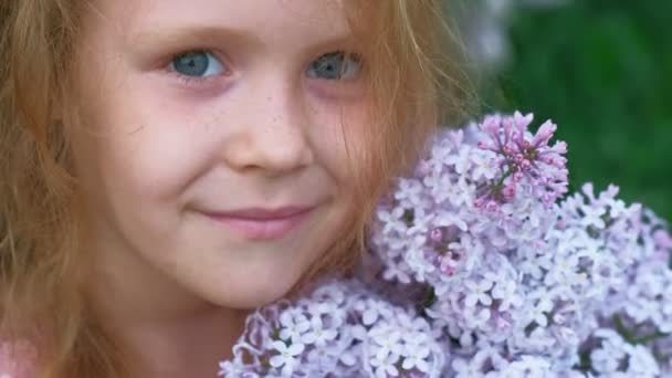 Una niña pequeña al aire libre en un parque o jardín sostiene flores lila. Arbustos lila en el fondo. Verano, parque — Vídeo de stock