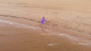 Nehrin kıyısındaki sahilde köpeği olan genç bir kadın. Hava görüntüsü