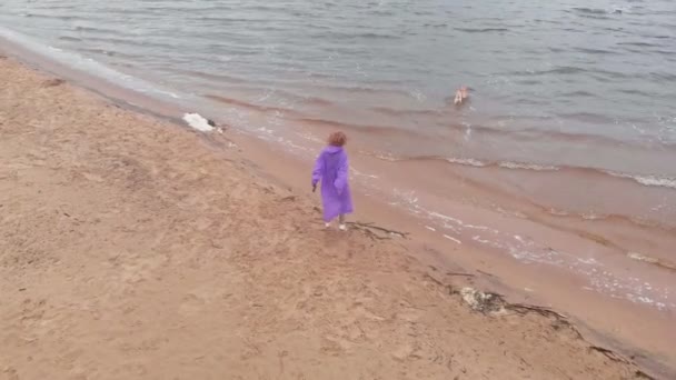 Mujer joven con un perro en la playa junto al río. Disparo aéreo — Vídeos de Stock