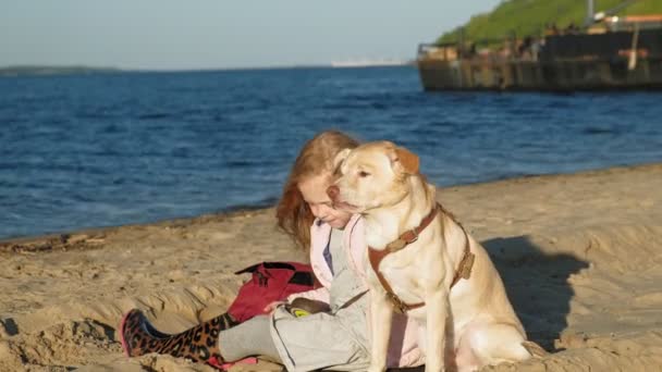 Niña niña preescolar en la playa alimenta al perro. Primavera — Vídeo de stock
