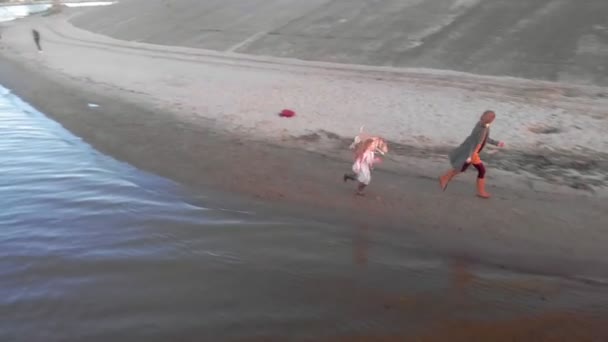 Mamma e figlia, correte, giocate con un labrador di cani marroni sulla spiaggia vicino al fiume. Riprese aeree — Video Stock