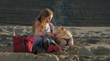 Sahilde kız okul öncesi kız köpek besler. Bahar