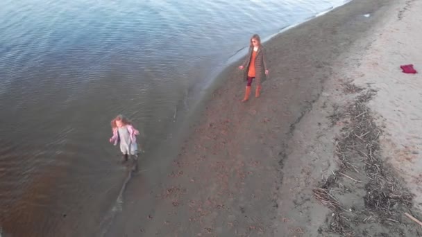 Mamá e hija, corran, jueguen con un perro labrador marrón en la playa junto al río. Filmación aérea — Vídeos de Stock