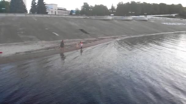 Mom and daughter, run, play with a brown dog labrador on the beach by the river. Aerial filming — Stock Video